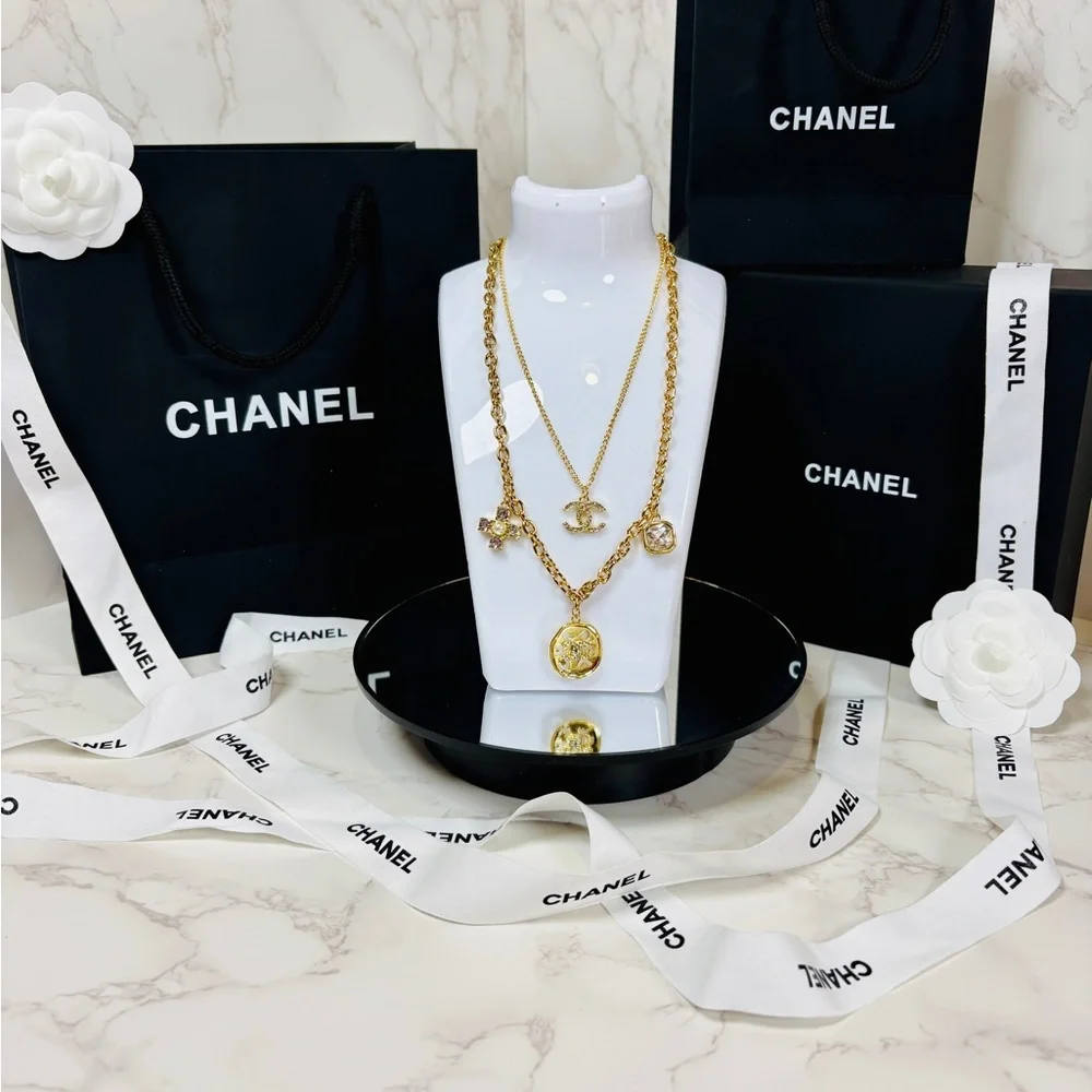 A-1FN-4: NECKLACE: Double Gold-Tone Featuring Dazzling Monogram Charms, NWOT